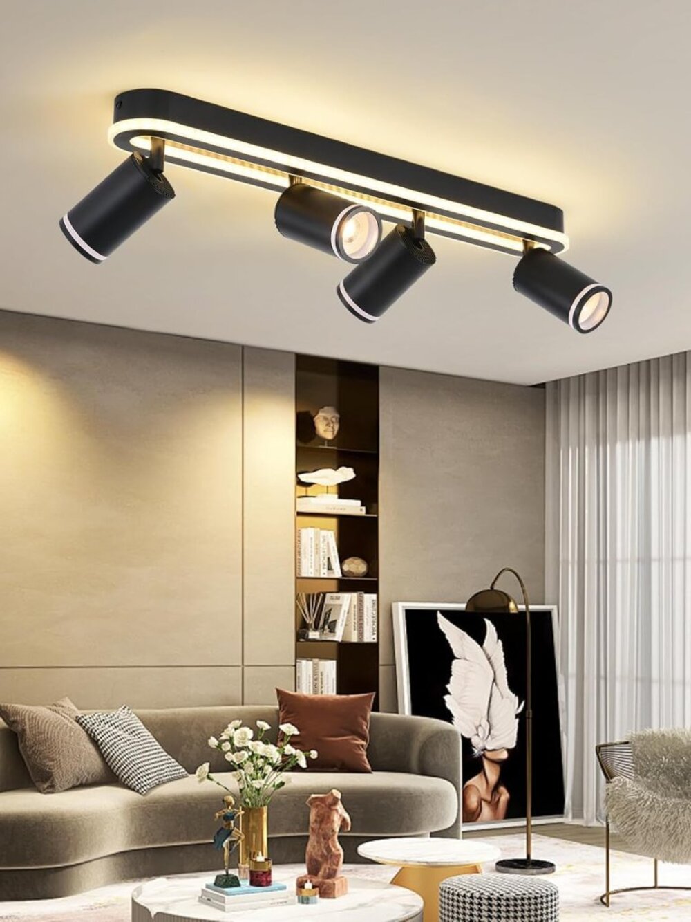 LED 4 Light Track Lighting Spotlight Kit, Black Ceiling Spotlights,50W+20W Dual